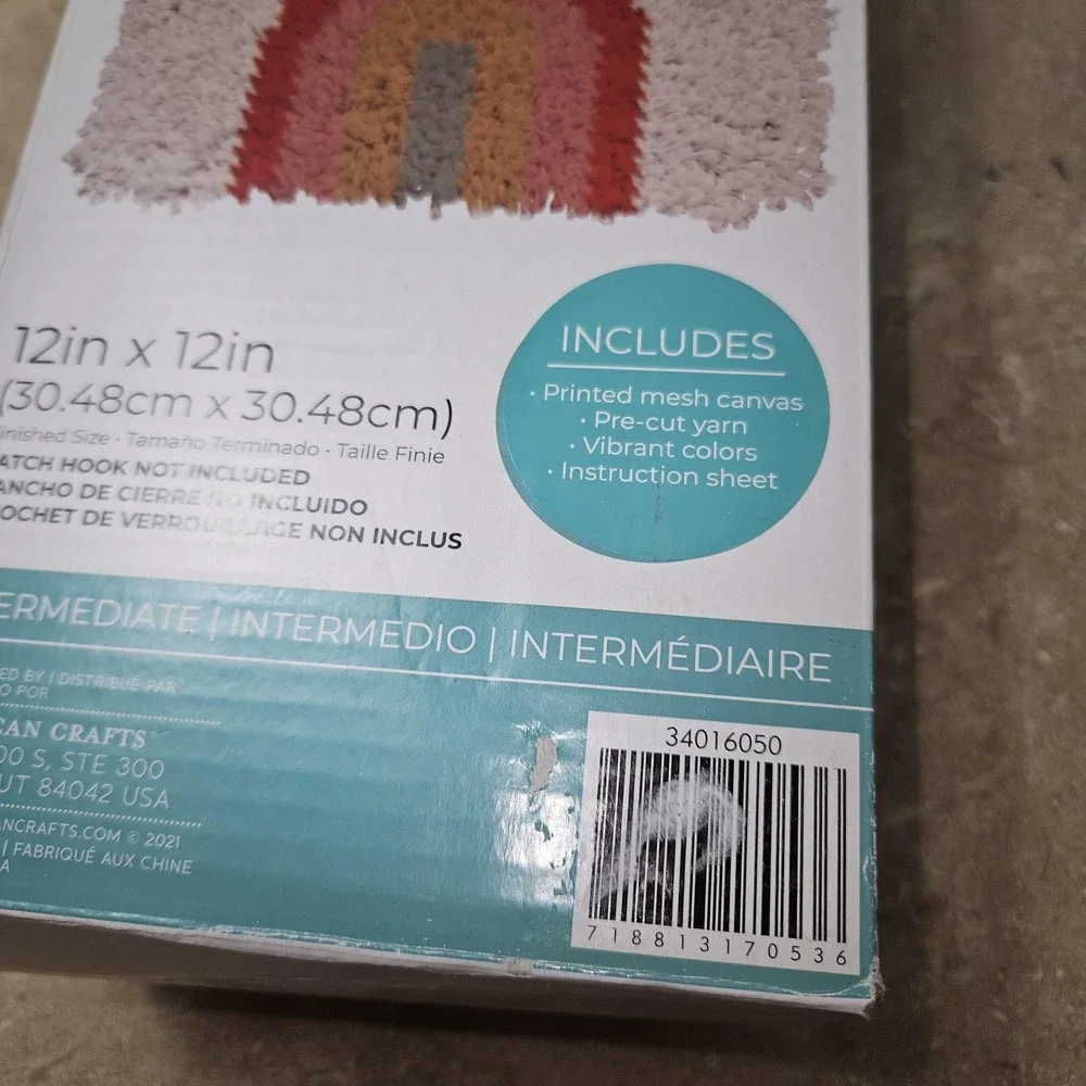 American Crafts Latch Hook Kit Rainbow Sun 12x12 Rug Canvas Yarn New Needlecraft